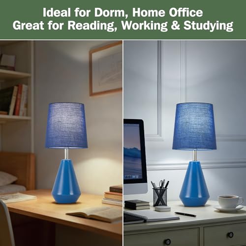 Small Bedside Table Lamp for Bedroom - Reading Desk Lamp with 3 Color Temperatures，15.5" Nightstand Ceramic Lamp with Fabric Shade for Kids Room,Living Room,Dorm,Home Office (Blue) - color: Blue, size: 15.5"
