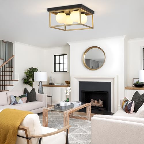Flush Mount Ceiling Light, 12.6” Close to Ceiling Light Fixtures with Globe Glass Shade, 4-Light Black and Gold Light Fixture for Living Room Dining Room Bedroom Kitchen Hallway Entryway - color: Black and Gold