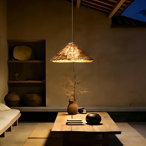 23” Rattan Chandelier Light Fixture, Boho Hand Woven Wicker Pendant Light, Vintage Rustic Hanging Lighting for Dining Room, Kitchen Island, Foyer, Natural Farmhouse Lighting Fixture - size: 23 inch