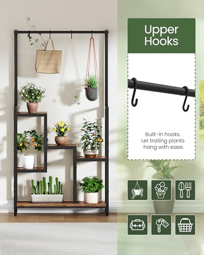 CHOEZON Plant Stand Indoor, 63" Tall Wooden Plant Shelf with Hanging Hooks and Staggered Tiers, Freestanding Flower Rack for Living Room, Balcony, Corner, Rustic Brown and Black TCJ41BF