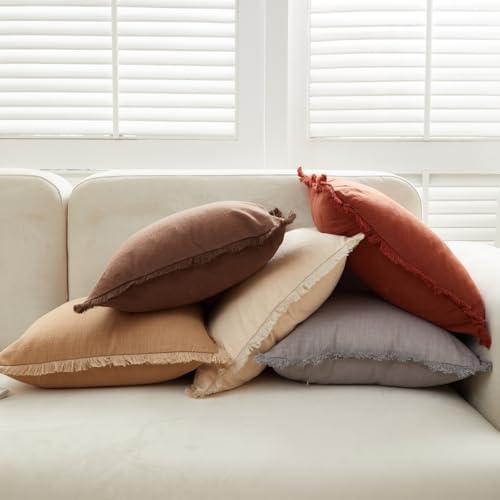 Sunday Praise Set of 2 Linen Fringe Fall Decorative Pillow Covers 18x18 Inch Farmhouse Accent Boho Throw Pillow Cases with Tassels Cozy Soft Cushion Covers for Couch Sofa Bed Home Decor,Rust Orange - color: Rust Orange, size: 18" x 18" (Pack of 2)