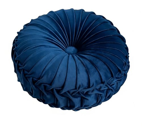 MOCOFO Round Velvet Throw Pillow, Pumpkin Shape Decorative Floor Cushion, Handcrafted Pleated Design, 14 and 16 Inch Diameter, Multiple Colors, Polyester Fill (Navy Blue, 14") - color: Navy Blue, size: 14"