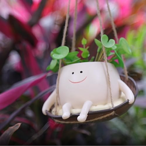 bestbear Hanging Swing Chair Planter Pot Resin Smiley Face Planter for Indoor Outdoor Plant Cute Head Flower Pots for String of Pearls Plant Live Unique IdeaI for Mother Day, Christmas (Small) - size: Small