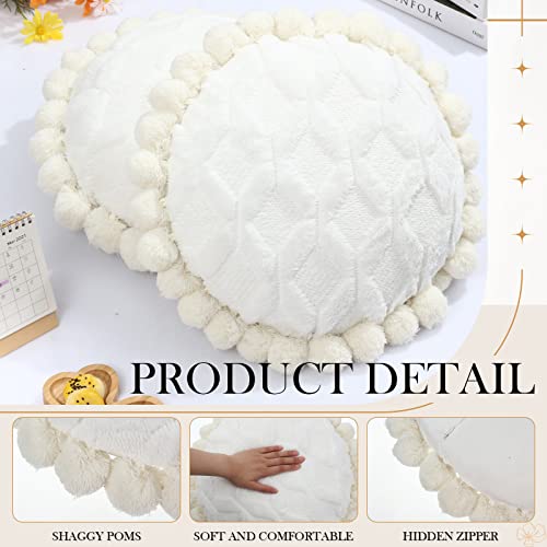 Tranqun 2 Pcs Boho Throw Pillows Cover 15.7 Inch Round Bohemian Decorative Pillow Covers Throw Pillow Cover Hand Tufted with Textured Pom Poms Cushion for Couch Sofa Bed Yoga (Beige White) - color: Beige White