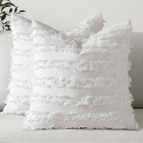 MIULEE Set of 2 Decorative Boho Throw Pillow Covers Spring Linen Striped Jacquard Pattern Cushion Covers for Sofa Couch Living Room Bedroom 16x16 Inch White - color: White, size: 16" x 16" (Pack of 2)