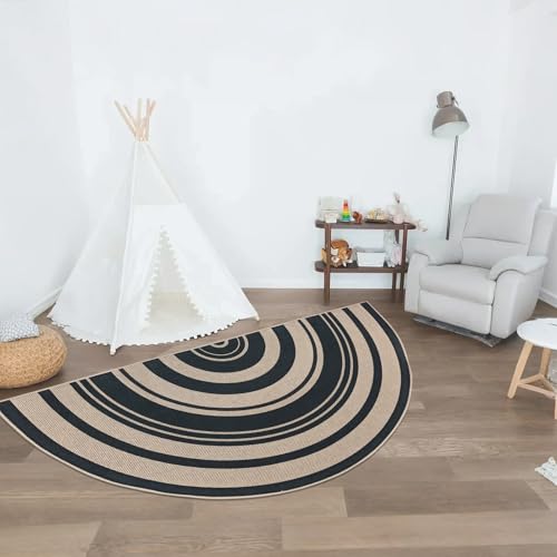 Easy Jute Rug 3x6Ft Half Circle Rainbow Carpet for Farmhouse Bedroom Carpet, Non-Slip Half Round Thin Neutral Floor Mat for Living Room Patio Kids Room Kitchen, Indoor Outdoor, Black 1 - color: Black 1, size: 3'x6'