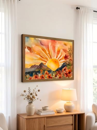LBTZEVIR Framed Boho Sunset Wall Art 16x12 Inch Painting Poster Prints for Bedroom Home Office & Sun Room Decor Tropical Abstract Canvas Art for Living Room - color: The Sun, size: 16"L x 12"W