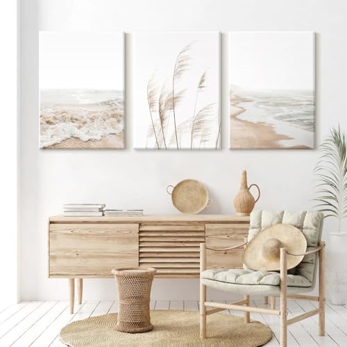 Joocrise Beach Wall Art Boho Prints Coastal Canvas Wall Art Beach Pictures Pampas Grass Ocean Poster Plant Landscape Scene Artwork for Living Room Bedroom Decor 24x36x3 Inch Wrapped Canvas - color: Beach Art Prints, size: 36"L x 24"W