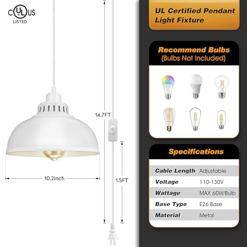 Plug in Pendant Light, 15FT Hanging Lights with Plug in Cord, On/Off Switch, Industrial Pendant Light with Plug in Cord, Metal Hanging Lamps for Living Room, Kitchen Big White - color: Big White