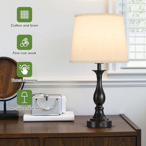 Bedside Table Lamp Touch Control Bedroom Lamps with USB A + C Charging Port 3 Way Dimmable Touch Lamps for Nightstand Living Room Bedroom Dorm Home Office Reading, Set of 2 (White Shade & Black Base) - color: White Shade & Black Base