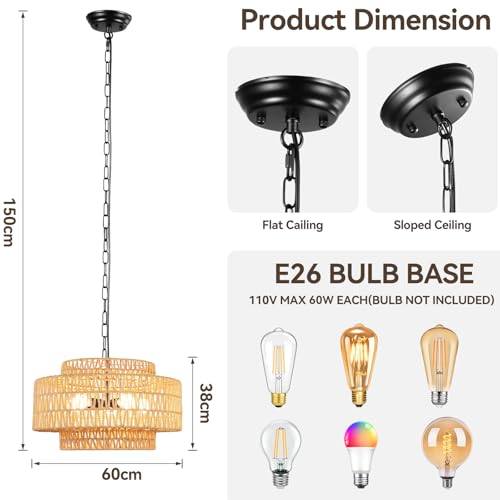 24" Large Rattan Chandelier, 6-Light Boho Dining Room Light Fixture Over Table, Natural Handwoven Wicker Pendant Lamp for Living Room, Coastal Farmhouse Hanging Ceiling Light - color: Beige-W60cm