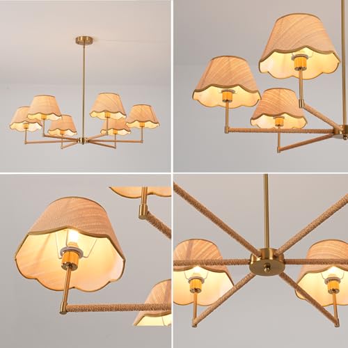 39" Adjustable Boho Rattan Chandelier - 6-Light Rustic Industrial Farmhouse Coastal Pendant Light Fixture for Kitchen Island, Dining & Living Room, Natural Wood Accents, UL Listed, E12 Base