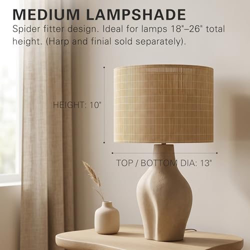 Handwoven Bamboo Lampshade for Table Lamp, Medium Drum Lamp Shade 13x13x10 Inch, Organic Japandi Wabi Sabi Boho Decor, Standard Spider Fitter (Harp Not Included), Single Shade, Natural - color: Drum - 1 Pack