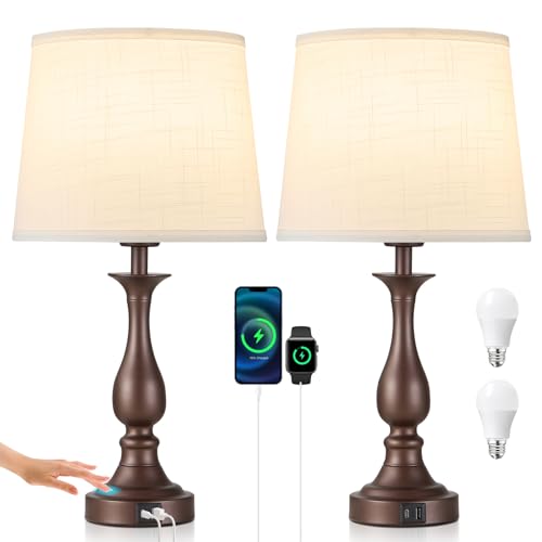 Bedside Table Lamp Touch Control Bedroom Lamps with USB A + C Charging Port 3 Way Dimmable Touch Lamps for Nightstand Living Room Bedroom Dorm Home Office Reading, Set of 2 (White Shade & Brown Base) - color: White Shade & Brown Base
