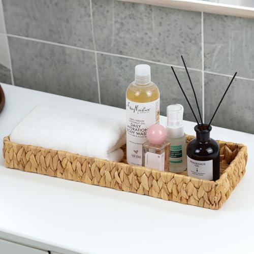 Bathroom Vanity Tray, 16.7 Inch Water Hyacinth Toilet Tank Baskets, Long Wicker Counter Tray for Paper Hand Towel, Bathroom Counter Organizer for Decor Coffee Table (16.7" x 6" x 2") - size: 16.7" x 6" x 2"