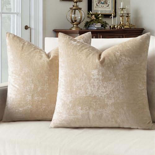 MIULEE Velvet Throw Pillow Covers Set of 2, Soft Neutral Decorative Pillow Cases with Luxurious Textured Vintage Cushion Covers for Home Decor Couch Sofa Bed,Beige 18x18 inch - color: Beige, size: 18" x 18" (Pack of 2)
