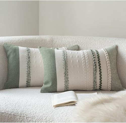Cethom Boho Throw Pillow Covers 12x20 Inch Set of 2, Green Textured Decorative Couch Pillow Cases for Farmhouse Home Decor, Accent Cushion Cover for Sofa, Bed, Living Room, Bedroom - color: Green, size: 20" x 12" (Pack of 2)