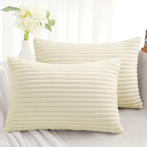Simmore Decorative Throw Pillow Covers 12x20 Set of 2, Soft Natural Plush Flannel Double-Sided Fluffy Lumbar Pillow Covers for Couch Sofa Living Room, Beige - color: Beige, size: 20" x 12" (Pack of 2)