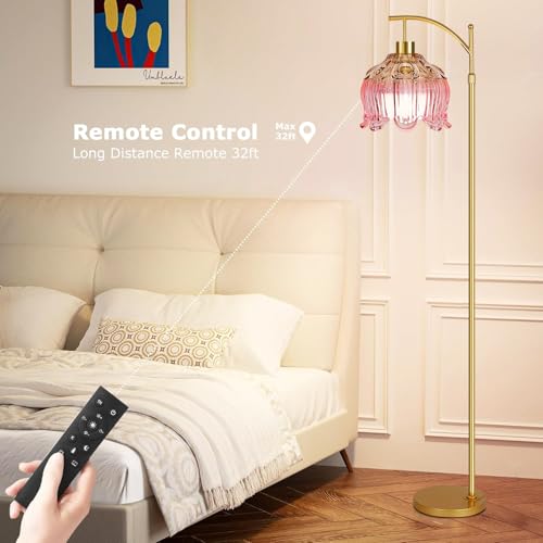 QIYIZM Pink Floor Lamp for Living Room,Bedroom,Glass Gold Dimmable Standing Lamp with Remote,Mid Century Modern Brass Tall Lamp Boho Floor Lamps Arc Stained Tulip Flower Floor Light Lamp Bohemian - size: 30-Floor Lamp