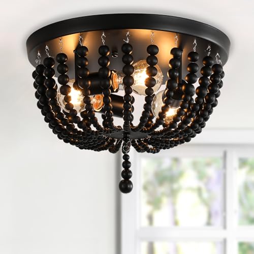 Black 14.1 inch Boho Chandelier,3-Light Wood Beaded Chandelier Light Fixture Bohemia Draped Bead Chandelier, Flush Mount Ceiling Light Fixture for Dinning Room Bedroom Hallway - color: Black 14.1"