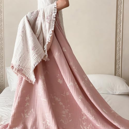 Lemfux 4-Layer 100% Cotton Muslin Cooling Blanket, Boho Floral Gauze Throw with Fringe, Ultra Soft Breathable Lightweight Bedspread Coverlet for Bed Sofa Couch (Pink-White Floral, 60"x80") - color: Pink-white Floral, size: 60"x80"
