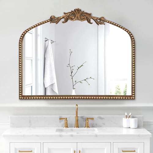 ironsmithn Gold Arched Mirror, 30"x36" Ornate Beaded Frame Mirrors, Metal Decorative Accent Mirror for Fireplace Bedroom Bathroom Living Room Entryway - size: 30"L x 36"W