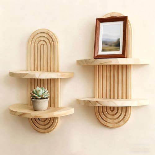 Artilady 2 Pack Shelf Wall Decor Boho Wood Floating Shelves Plant Holder 2-Tier Trinket Storage Rack Rainbow Hanging Room Decor for Home Bedroom Living Room Nursery Office - color: 2 Beige