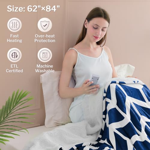 VENTIMI Electric Blanket Twin, 62" x 84" Heated Blanket with 9 Heat Levels & 2 to 10 Hours Auto Off, Fast Heating Blankets with ETL & FCC Certification, Navy - color: Navy, size: Twin