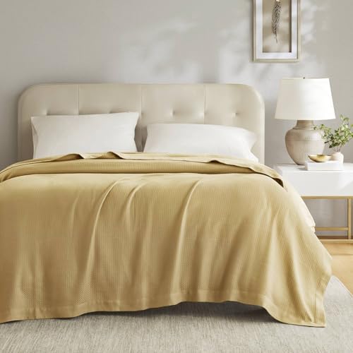 Madison Park 100% Egyptian Cotton Lightweight Summer Blanket, Breathable Waffle Knit Design, Soft Cozy All-Season Throw for Bed, Couch or Sofa, Mustard Yellow Full/Queen Size (90"x90") - color: Mustard, size: Full/Queen
