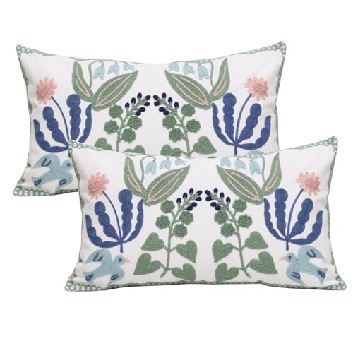 Pack of 2 Embroidered Decorative Throw Pillow Cover 18x18 Inch Farmhouse Floral Pillowcase for Living Room Sofa Bed (Bird Flower-Waist) - color: Bird Flower-waist