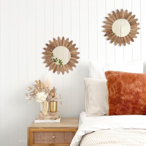 LOSOUR 2 Pack Boho Wall Decor Sunburst Mirror 12 inch Rustic Round Wood Mirror Boho Mirror Farmhouse wall Decor for Bedroom Living Room Entryway