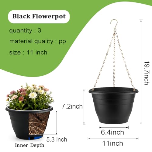 RooTrimmer Hanging Planters 11 Inch, 3 Pcs Flower Pots with Drainage Hole, Self Watering Hanging Basket for Indoor Outdoor Plants, Decor, Black - color: Black, size: 11 Inch-3P
