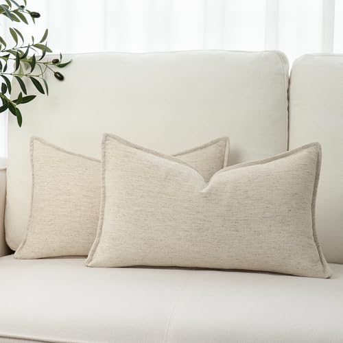 Chenille Linen Lumbar Pillow Covers 12x20 Set of 2, Thick Textured Boho Pillow Covers, Farmhouse Decorative Pillow Covers, Neutral Vintage Accent Covers for Couch Sofa Bed, Apricot - color: Apricot, size: 20" x 12" (Pack of 2)