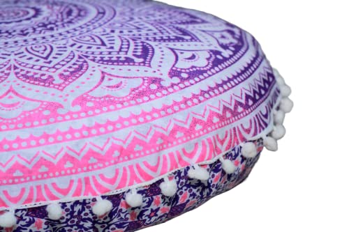 Round Mandala Floor Pillow Cover Seating Cushion Throw Ottoman Pouf Cover Pom Pom Pillow Cases Hippie Decorative Bohemian Boho Indian 22 Inches (Pink White) - color: Pink White