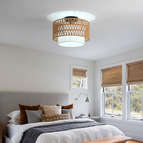 Somniferous Rattan Ceiling Light Fixture, Boho Flush Mount Ceiling Light with Double Drum Shade, Farmhouse Woven Light Fixture for Bedroom, Living Room, Kitchen, Hallway, Entryway, 12.6”, E26 Base