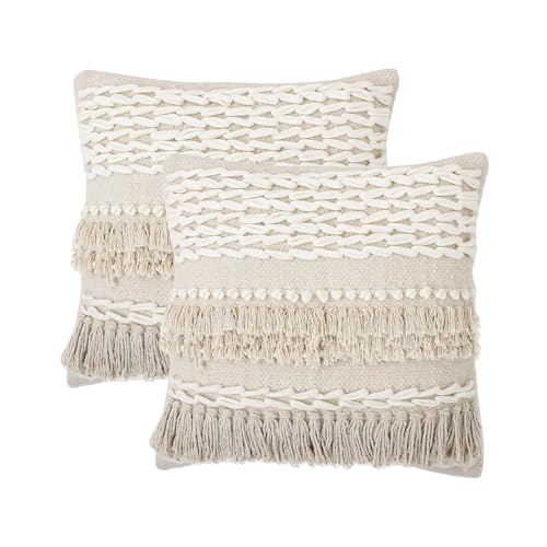 · REDEARTH · Tufted Throw Pillow Cushion Covers - Boho Textured Woven Decorative Cases Set for Couch - Sofa - Bed - Farmhouse - Chair - Covered Patio - car - 100% Cotton (18x18 ; Natural) Pack of 2 - color: Contructed Frill Natural, size: 18" x 18" (Pack