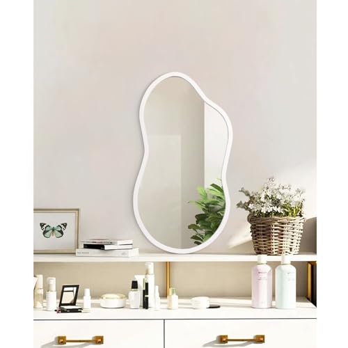 AAZZKANG Small Wall Mirror with Irregular Wood Framed Decorative White Hanging Mirrors for Bedroom Dressing Room Living Room Bathroom Entryway - color: White, size: 18"L x 10"W