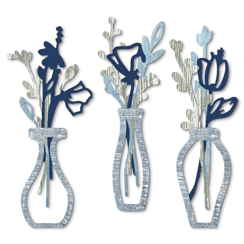 Putuo Decor 3 Pieces Wood Flowers Wall Decor Rustic Farmhouse Decor Blue Minimalist Flower Wall Art Modern Floral Vase for Living Room Bathroom Bedroom Dining Room - color: Light Blue