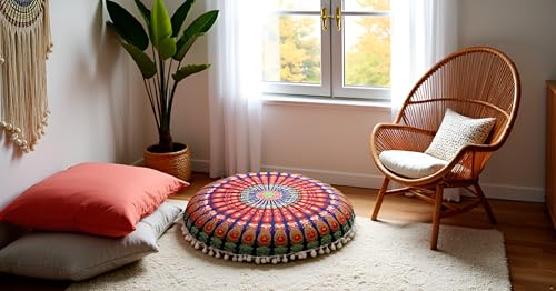 CRAFT KALA 32" in Round Mandala Floor Pillow Cushion Cover Seating Throw Cover Hippie Decorative Bohemian Ottoman Poufs Pillow Cover Cases Boho Cotton Living Yoga Home Décor Room (Multi Mirchi) - color: Multi Mirchi