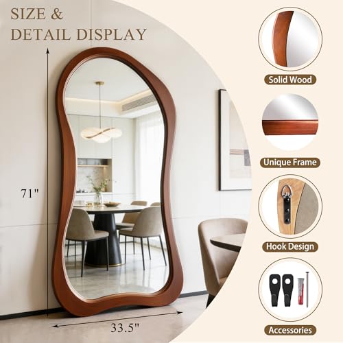 Irregular Full Length Mirror, 71"x33.5" Oversized Organic Floor Mirror with Solid Wood Frame, Large Asymmetrical Mirrors for Entryway Hallway Cloakroom Living Room, Leaning/Wall-Mounted - color: Walnut Wood Frame, size: 71"L x 33.5"W