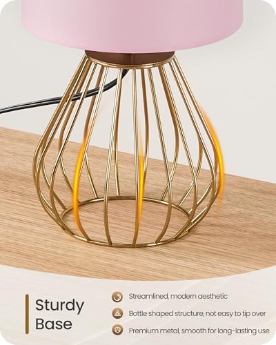 Pink and Gold Table Lamp, Small Bedside Lamp with Metal Base & Pink Linen Lampshade, Modern Nightstand Lamp, Little Cute Desk Lamp for Girl Kid's Room, 2700K LED Bulb Included, DP06TL05 - color: Pink + Gold