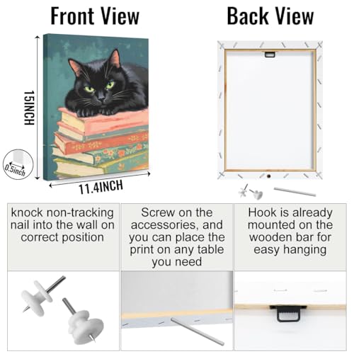 Funny Cat Lying on Books Canvas Wall Art, Cat Aesthetic Framed Art Paintings Wall Decor Cats Lover Prints Picture for Living Room Dining Room Bedroom Farmhouse Decor 11.5x15 Inch - color: Multi 1393