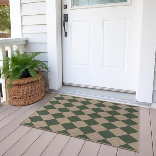 Rugalia Easy Jute Checkered Entryway Rug, 2x3 Green Modern Indoor Outdoor Doormat, Washable Non-Slip Neutral Small Kitchen Rug Farmhouse Diamond Throw Rugs for Entrance Bedroom Bathroom - color: Green Checkered, size: 2' x 3' (Rectangular)