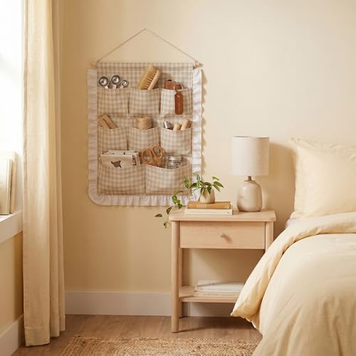 Amyhill Wall Hanging Organizer with Pockets Over Door Storage Bag Ruffled Beige Gingham Cotton Wall Mounted Pocket Organizers for Home Bedroom Bathroom Aesthetic Decor Space Saving
