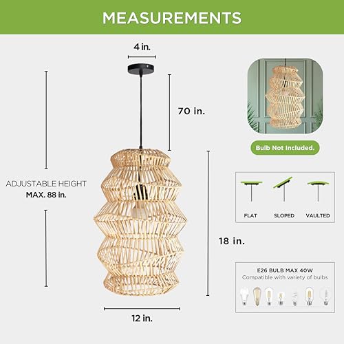 FOREVER BAMBOO Indonesian Hand-Woven Natural Rattan Pendant Light Fixture Circle Shape Woven Wicker Lampshade Chandelier Interior Decor, 15 in H x 15 in W - style: Java Circle
