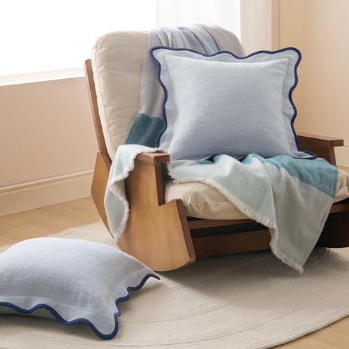 Double Stitch Scalloped Throw Pillow Covers - 100% Cotton Set of 2 Decorative Boho Pillow Covers 20 x 20, Made in India, Square Cushion Case, Modern Home Decor for Couch Sofa Living Room, Arctic Blue - color: Arctic Blue, size: 20" x 20" (Pack of 2)