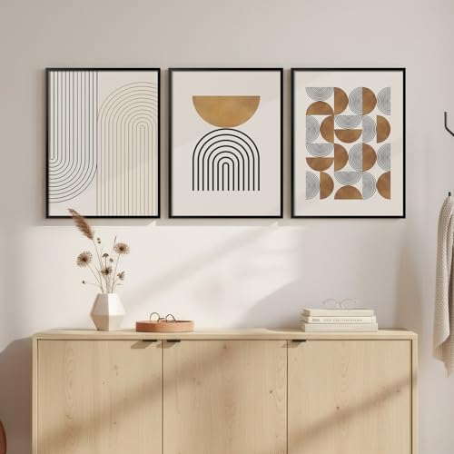 Framed Boho Wall Art for Bedroom, 3 Piece Modern Geometric Canvas Artwork for Walls, Neutral Minimalist Picture Prints for Living Room Dining Room Kitchen Hallway Wall Decor, 12x16 Inch - color: Neutral Brown