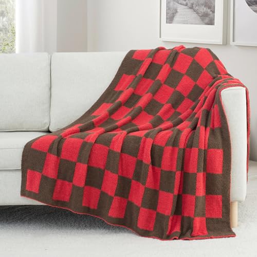 Carriediosa Checkered Throw Blanket 50" X 60", 400GSM Ultra Soft Microfiber Fuzzy Fluffy Reversible Cute Preppy Knitted Blankets Cozy Plush Fall Throws for Couch, Bed, Sofa, Red and Brown - color: Check - Red and Brown, size: 50" X 60"