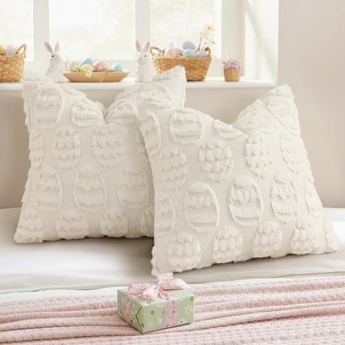 decorUhome Easter Cream White Egg Pillow Covers 16x16 Inch Set of 2, Soft Plush Faux Wool Jacquard Cushion Covers, Farmhouse Neutral Fuzzy Spring Easter Holiday Decor for Couch Sofa Bed - color: Eggs Cream White, size: 16" x 16" (Pack of 2)