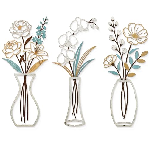CarryWise 3 Piece Metal Flower Wall Art for Bedroom Living Room, Flower Blue gold - color: Blue Gold & Vase Flower